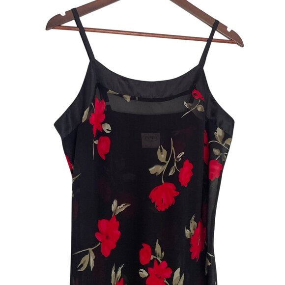 Vtg 90s Y2K Pasha Slip Maxi Dress L Black Red Floral Sheer Slits Romantic Goth - Picture 2 of 6